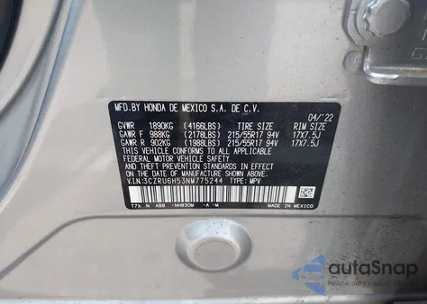 2022 Honda Hr-V Awd Ex из США, поврежденный, VIN 3CZRU6H53NM775244